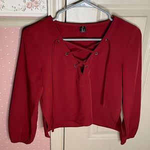 Cropped red long sleeves chiffon top